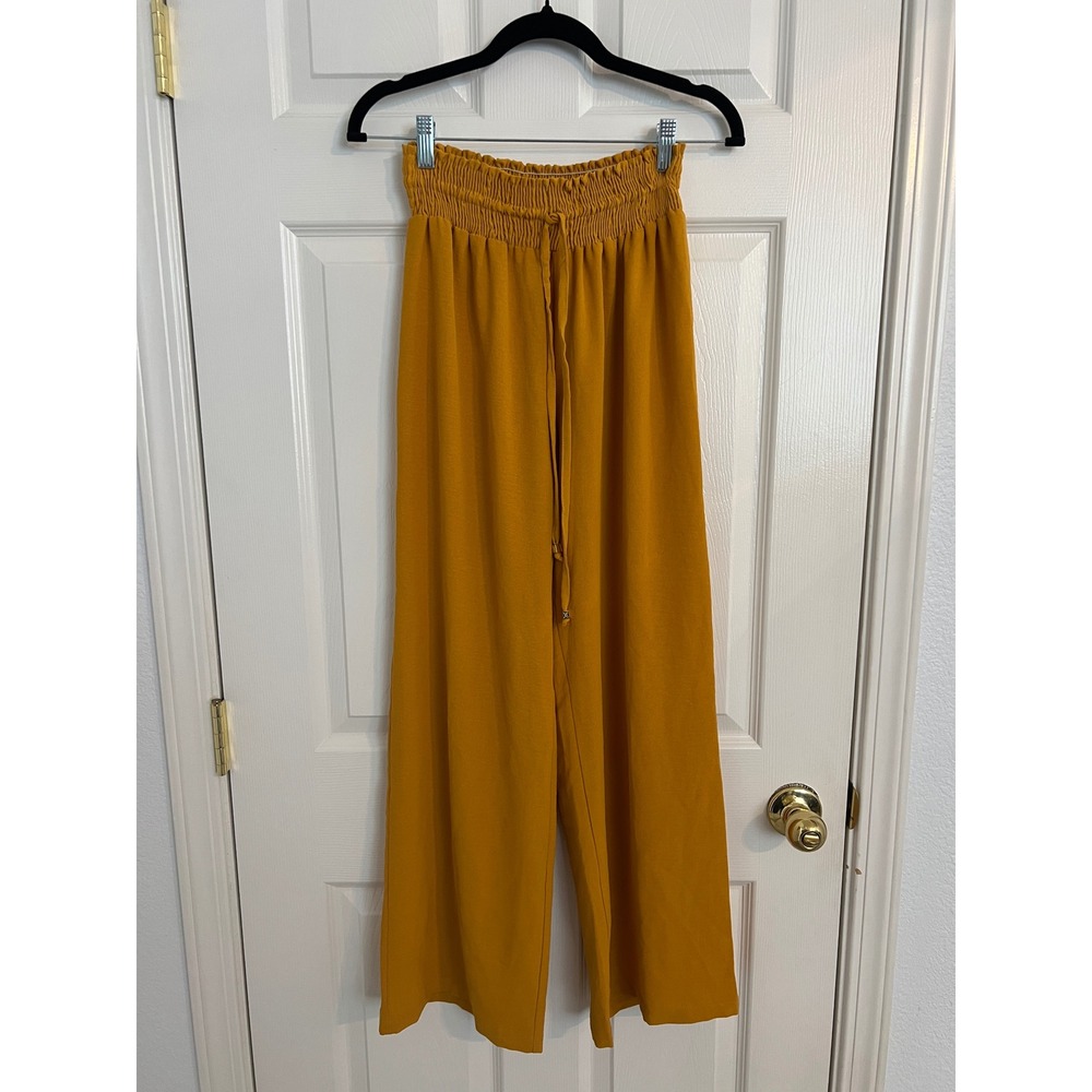 Boho Mustard Wide Leg Palazzo Pants Waiani Women's Medium Smocked Waist